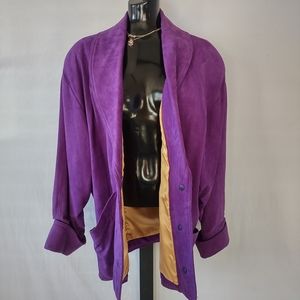 Vintage 80s Purple Suede Leather and Gold Satin Jacket Menswear Oversized Look